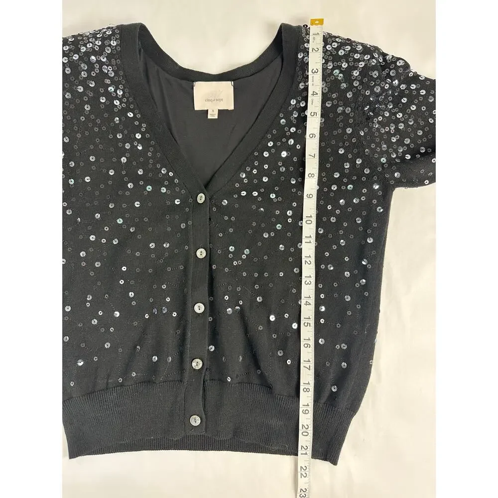 Cinq a Sept Nancy Sequin Cropped Cardigan Sweater Black Party Luxury Glam Small - Picture 8 of 9